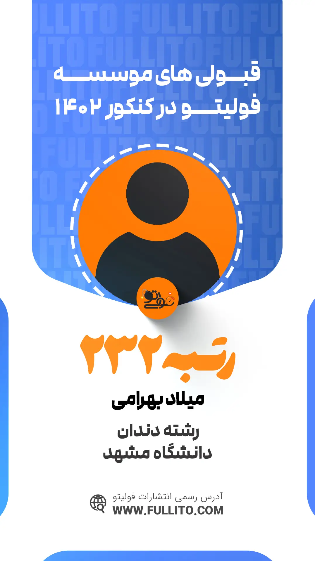 میلاد بهرامی رتبه 232 کنکور 1402 رتبه برتر فولیتو